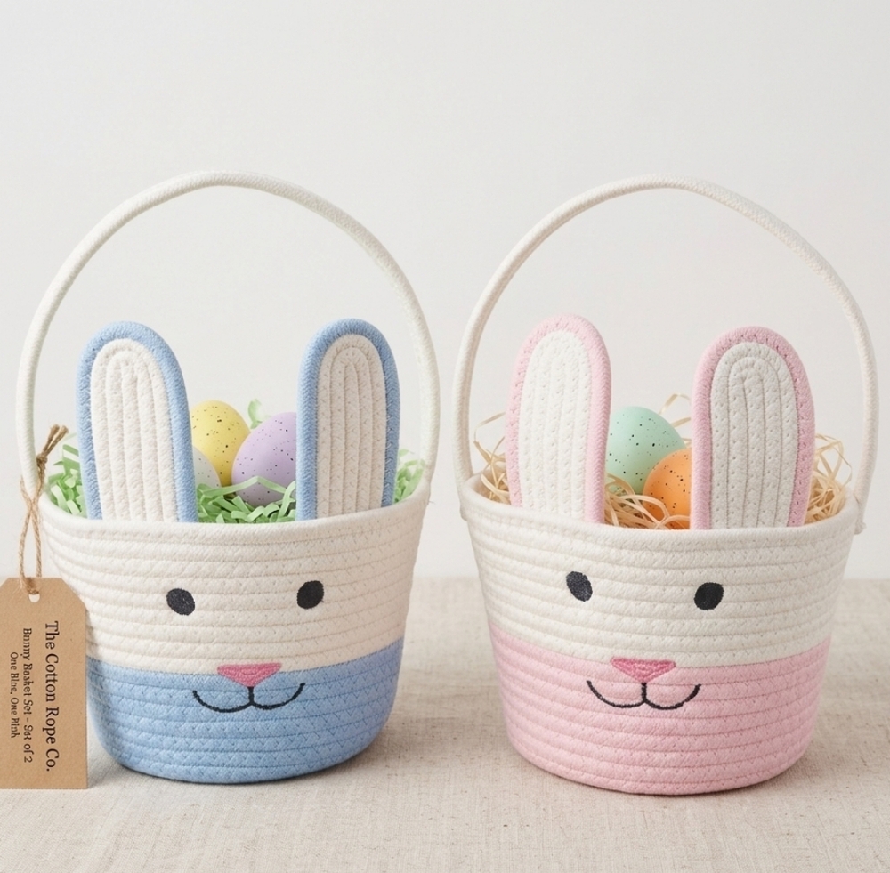 2 Bunny Ear Rope Easter Baskets - Blue and Pink Options